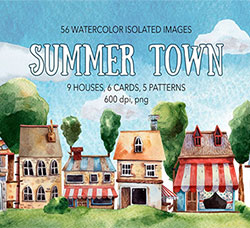 77张高清背景透明的北欧风水彩城镇/树木/白云PNG图片： Summer Town - Watercolor Cl